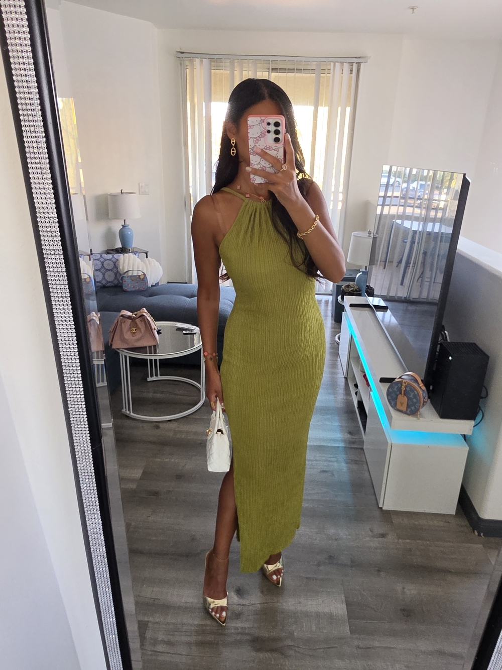 Sleeveless Olive Green Ribbed Halter Midi Dress
